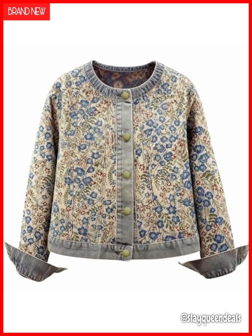 Women's Denim Bomber Jacket Long Sleeve Round Neck Floral Jacquard Jean Coat